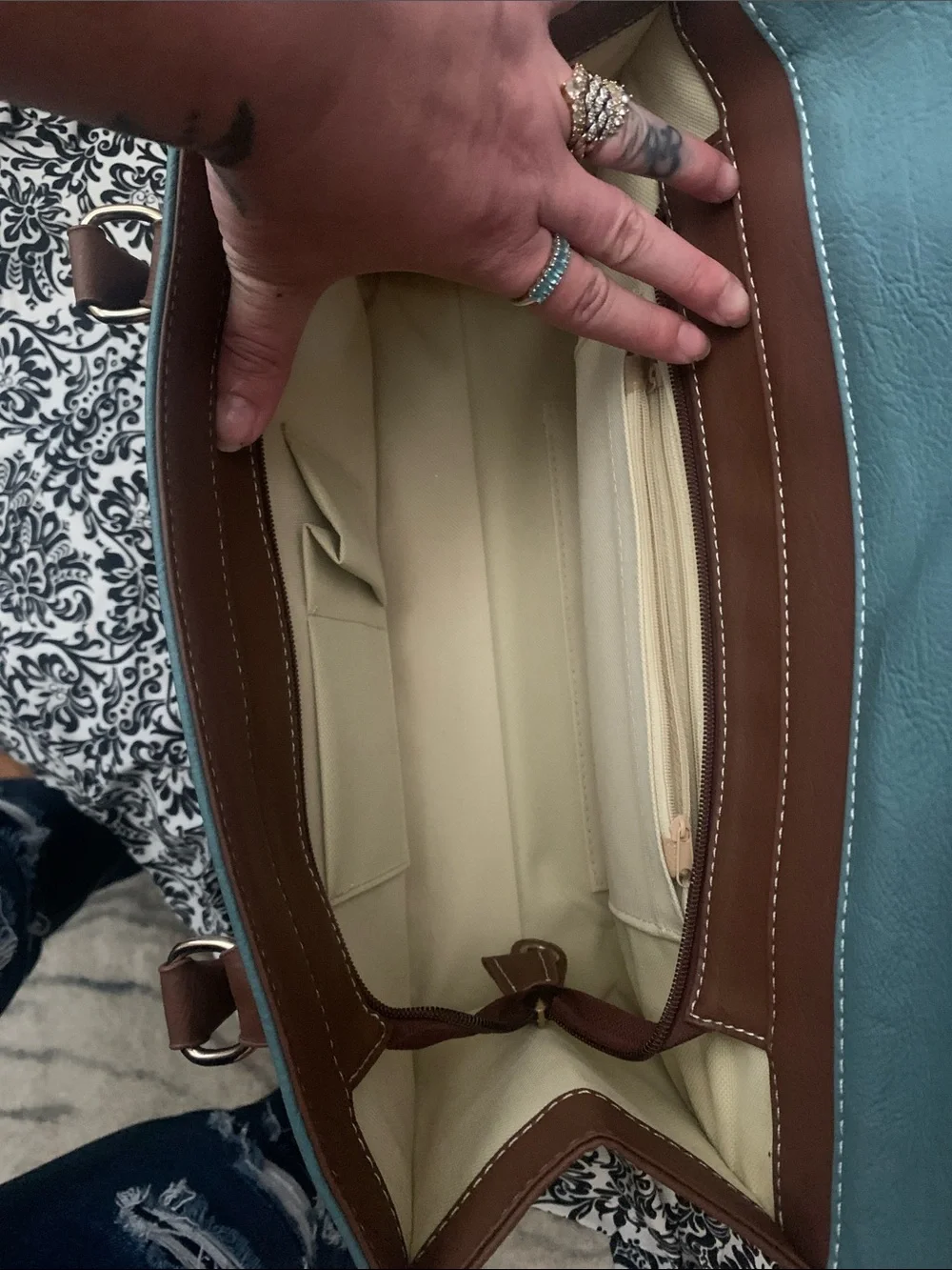 Tory Burch Teal and Brown Leather Satchel with Tassel Accent